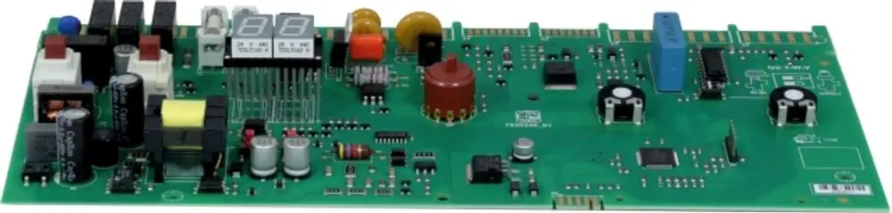Regelungsplatine von Wolf mit mehreren elektronischen Komponenten, darunter Kondensatoren, Widerstände und ein Display zur Anzeige von Werten.